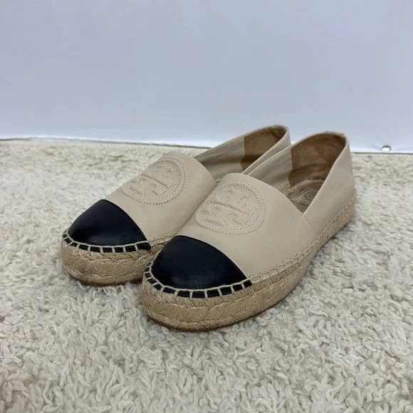 Tory Burch Benton Color Block Espadrille-Nappa Leather Size 7.5 Ivory Black‎ - Picture 2 of 11